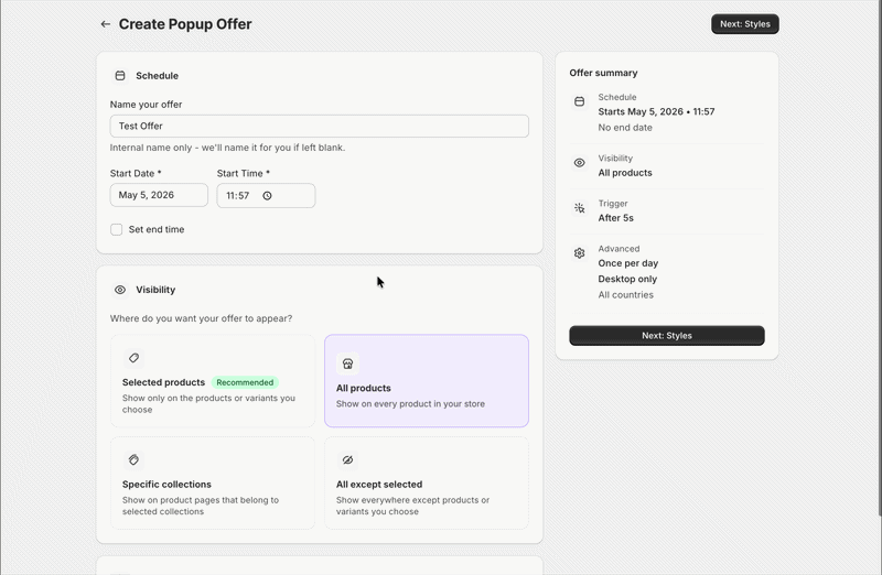 Popup smart timing settings demo