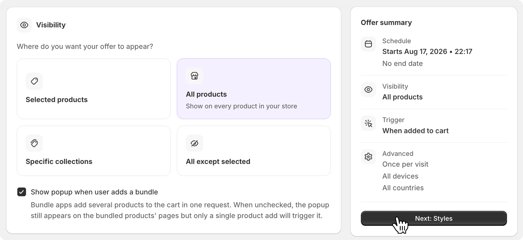 Popup settings — trigger products, firing actions, visibility, and frequency