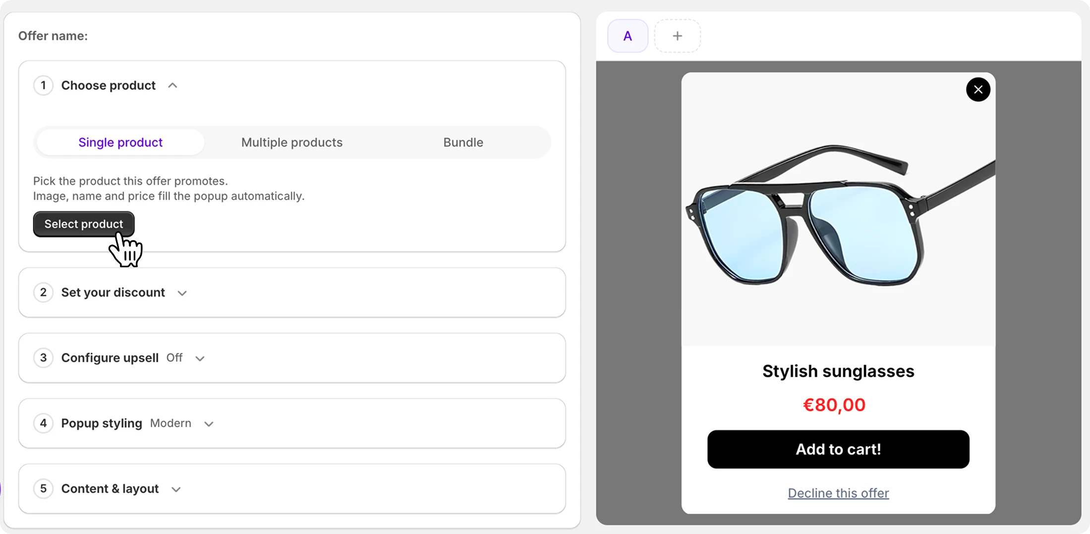Visual popup editor — product, template, discounts, and brand styling